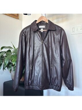 Preston & York Burgundy Men’s Leather Bomber Jacket Sz M Full Zip Collared